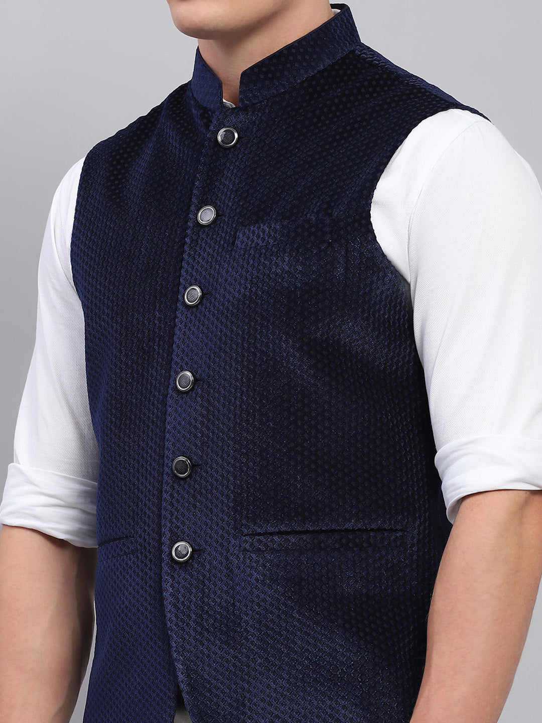 Men Navy Blue Self Design Band Collar Sleeveless Coat