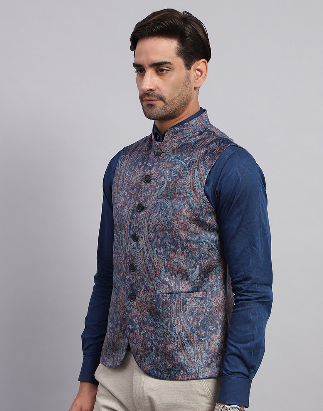 Men Multicolor Floral Print Band Collar Sleeveless Nehru Jacket