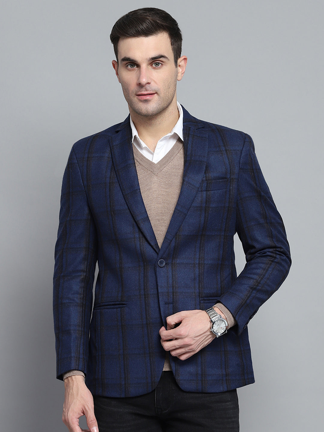 Men Blue Check Notch lapel Collar Full Sleeve Coat