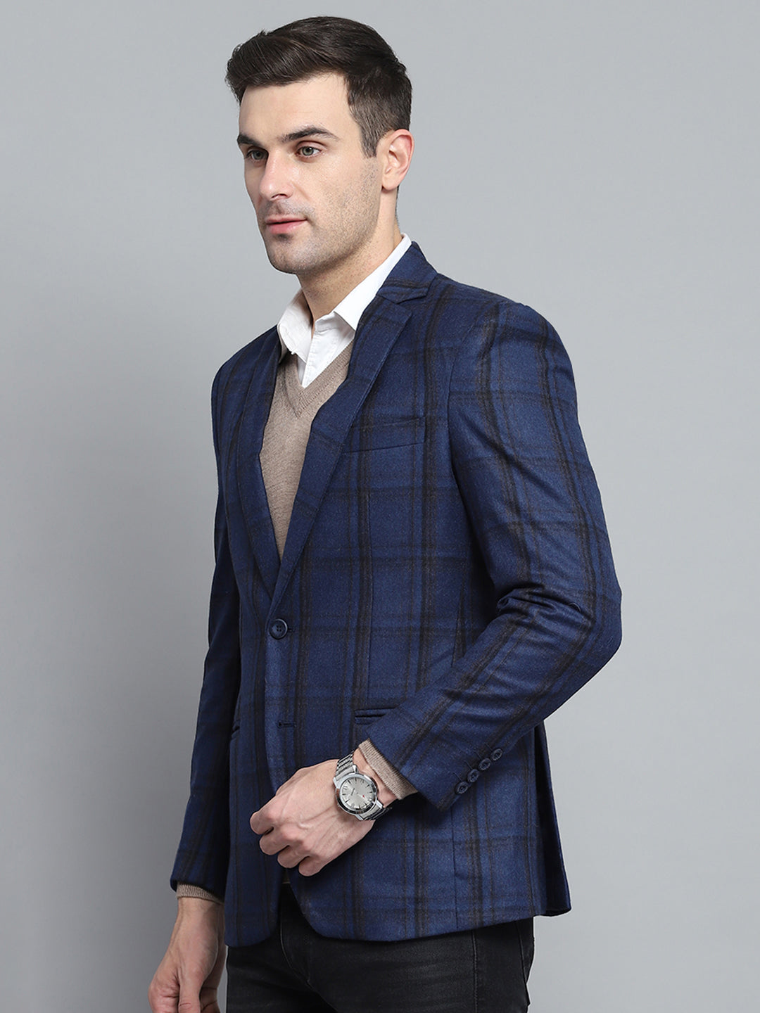 Men Blue Check Notch lapel Collar Full Sleeve Coat