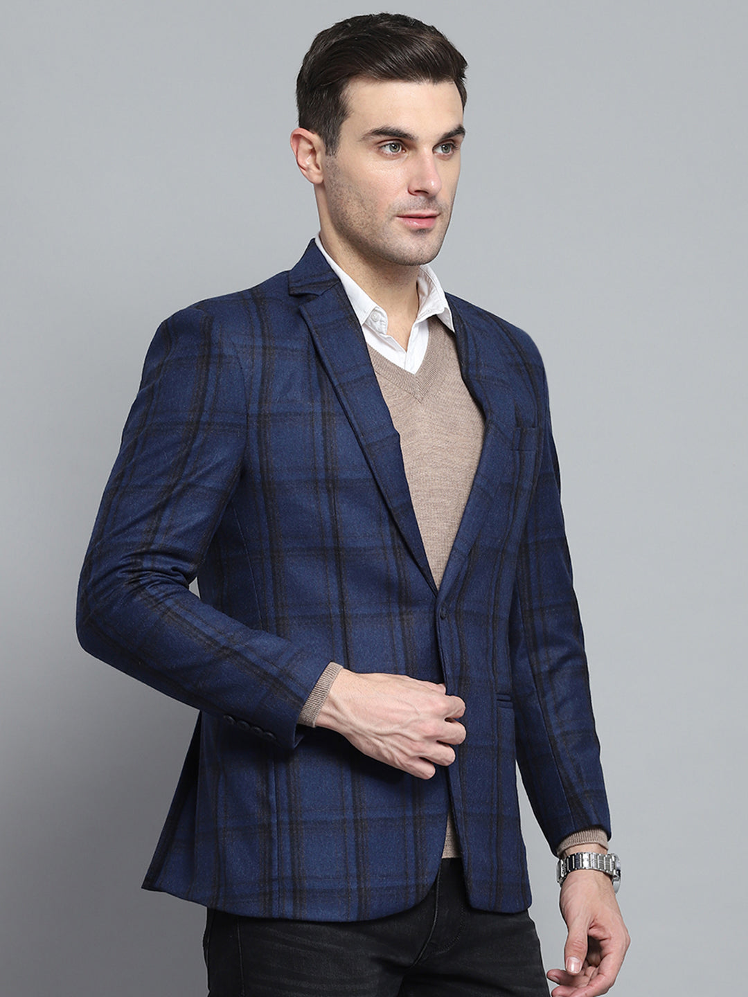 Men Blue Check Notch lapel Collar Full Sleeve Coat