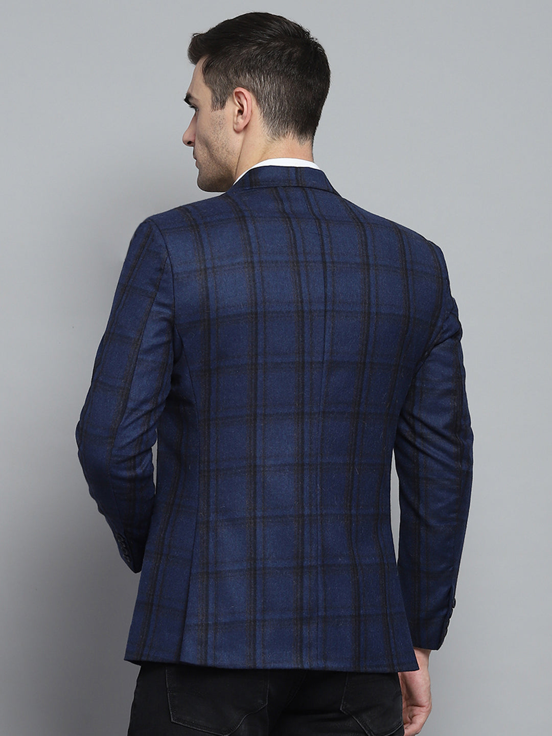 Men Blue Check Notch lapel Collar Full Sleeve Coat