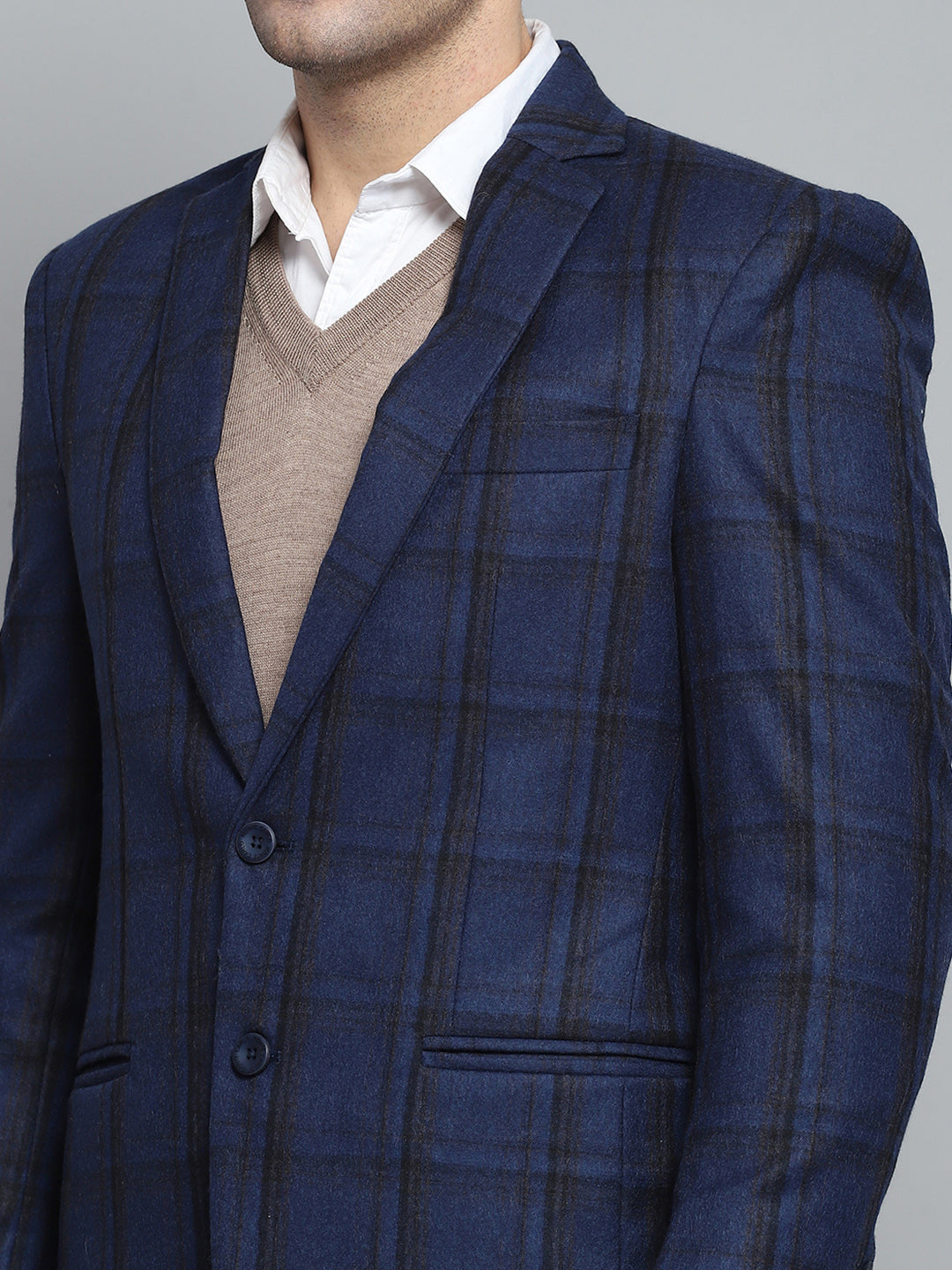 Men Blue Check Notch lapel Collar Full Sleeve Coat