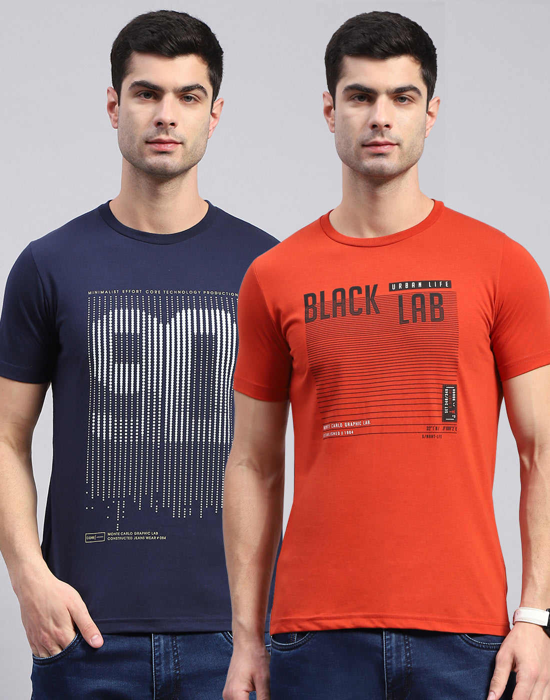 Men Navy Blue & Rust Solid Round Neck Half Sleeve T-Shirt