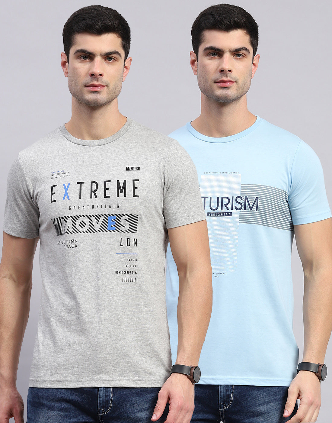 Men Grey & Blue Solid Round Neck Half Sleeve T-Shirt