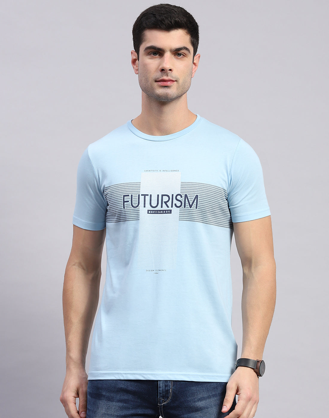 Men Grey & Blue Solid Round Neck Half Sleeve T-Shirt