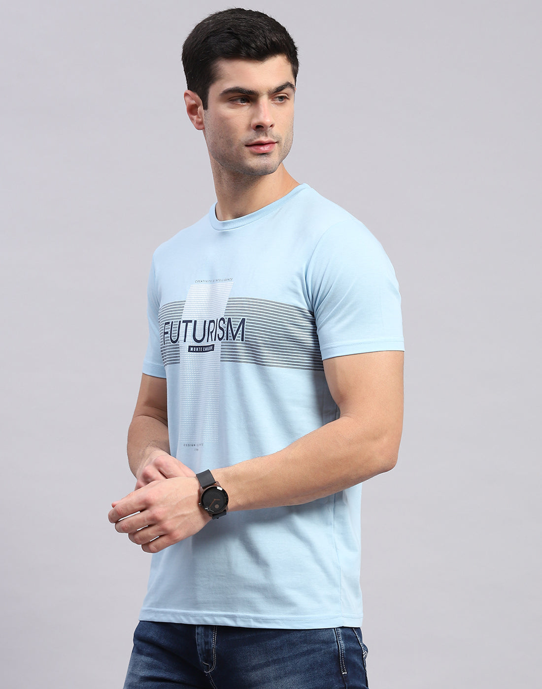 Men Grey & Blue Solid Round Neck Half Sleeve T-Shirt