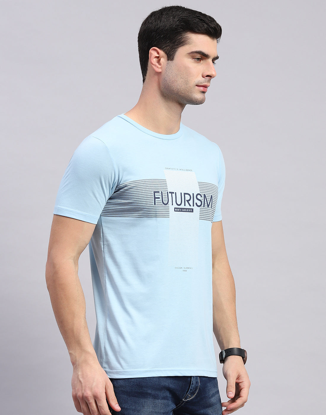 Men Grey & Blue Solid Round Neck Half Sleeve T-Shirt