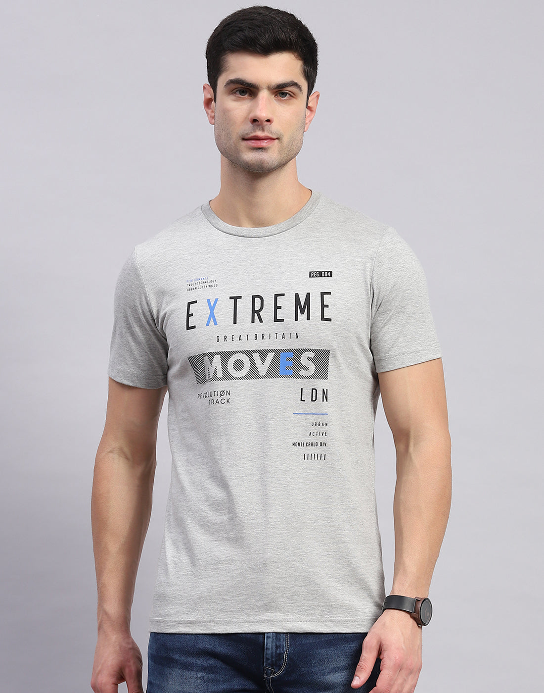 Men Grey & Blue Solid Round Neck Half Sleeve T-Shirt