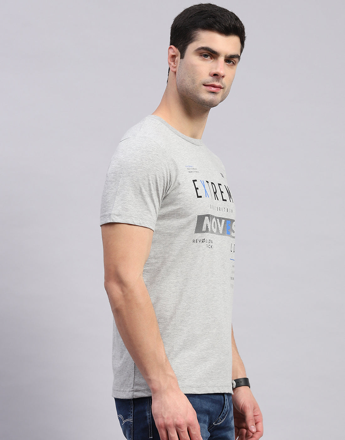 Men Grey & Blue Solid Round Neck Half Sleeve T-Shirt