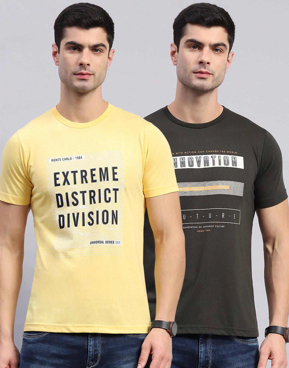 Men Olive & Yellow Solid Round Neck Half Sleeve T-Shirt