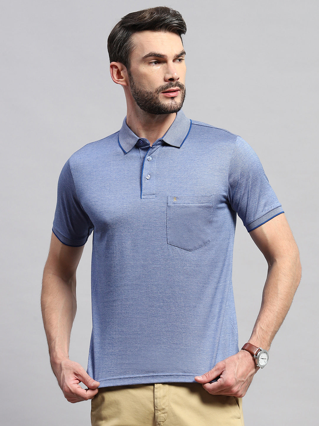 Men Blue Solid Collar Half Sleeve T-Shirt