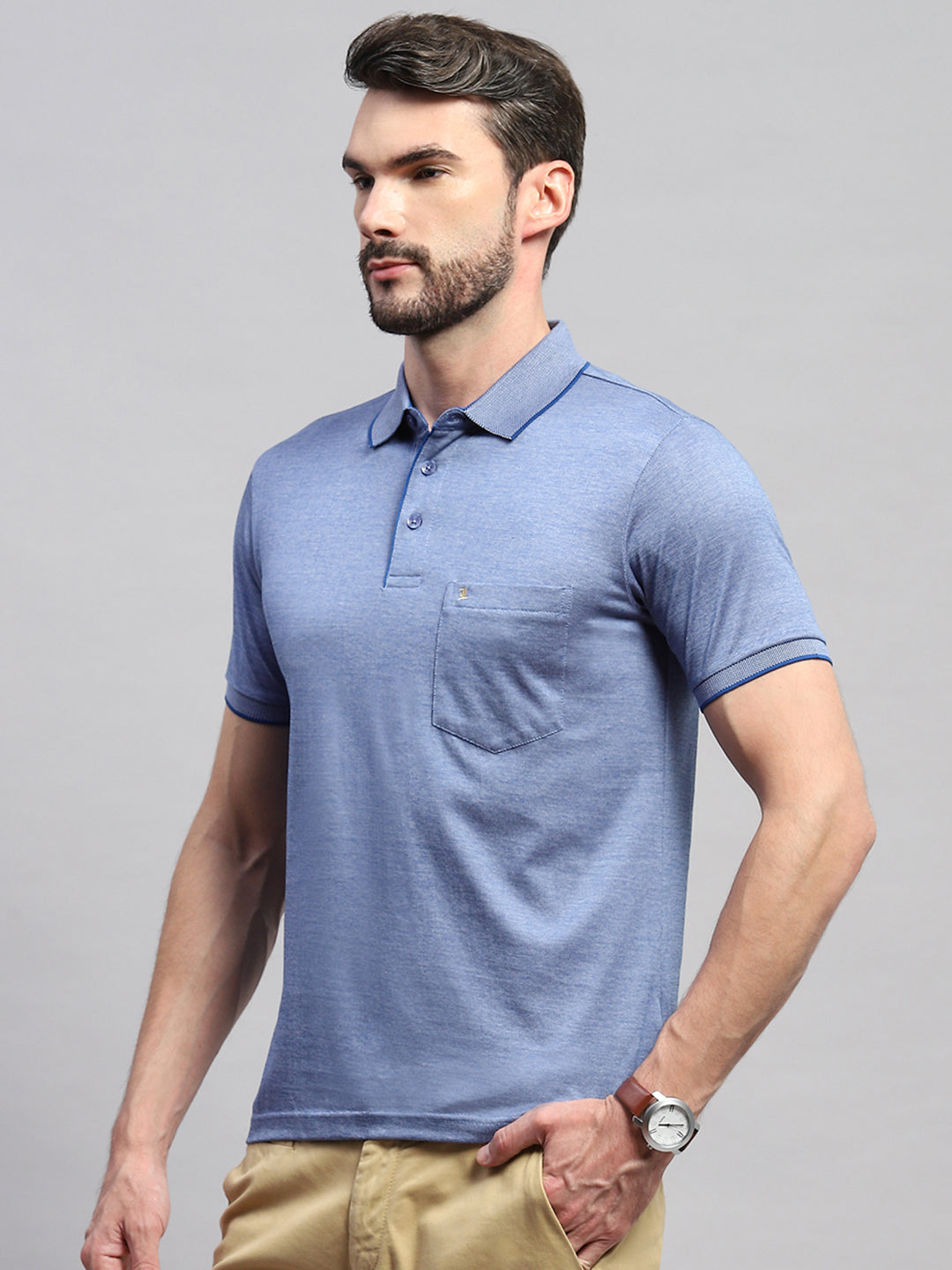 Men Blue Solid Collar Half Sleeve T-Shirt