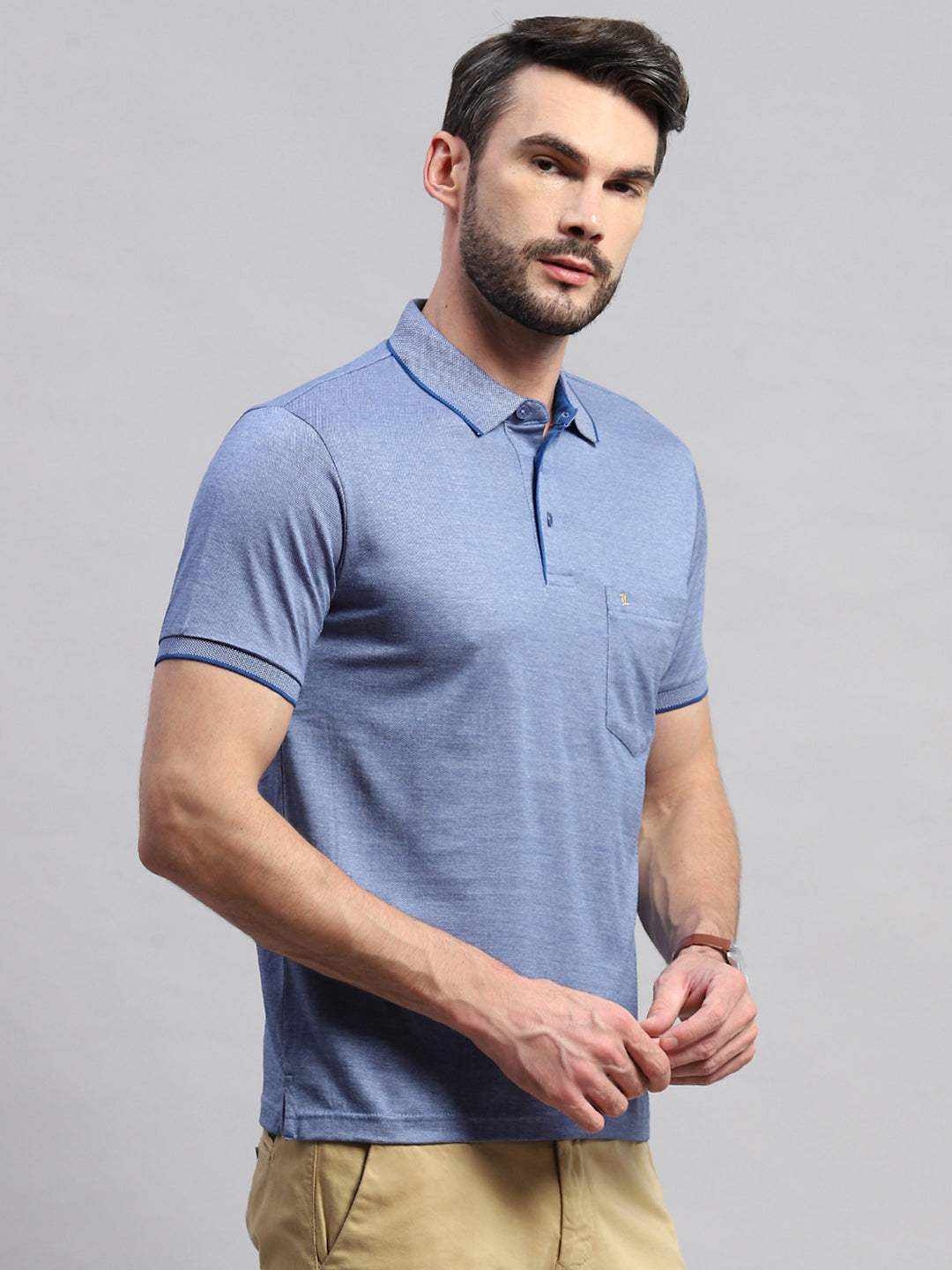 Men Blue Solid Collar Half Sleeve T-Shirt