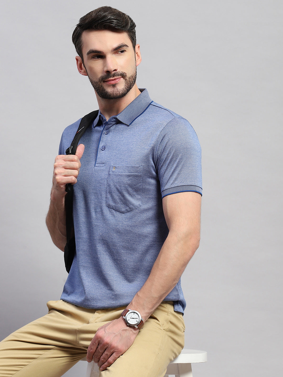 Men Blue Solid Collar Half Sleeve T-Shirt