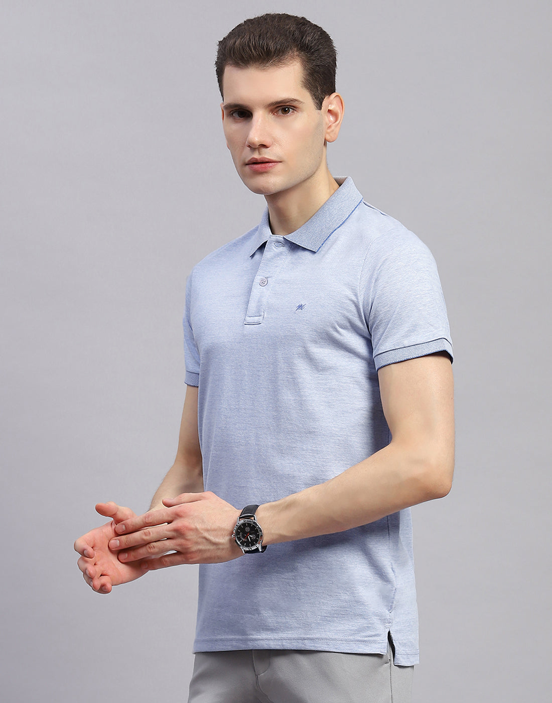 Men Sky Blue Solid Polo Collar Half Sleeve T-Shirt