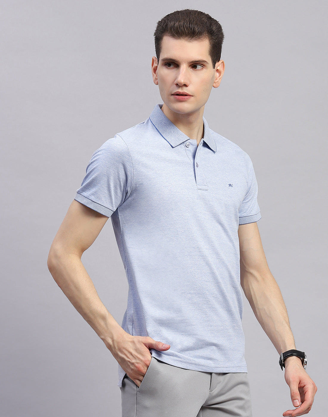 Men Sky Blue Solid Polo Collar Half Sleeve T-Shirt