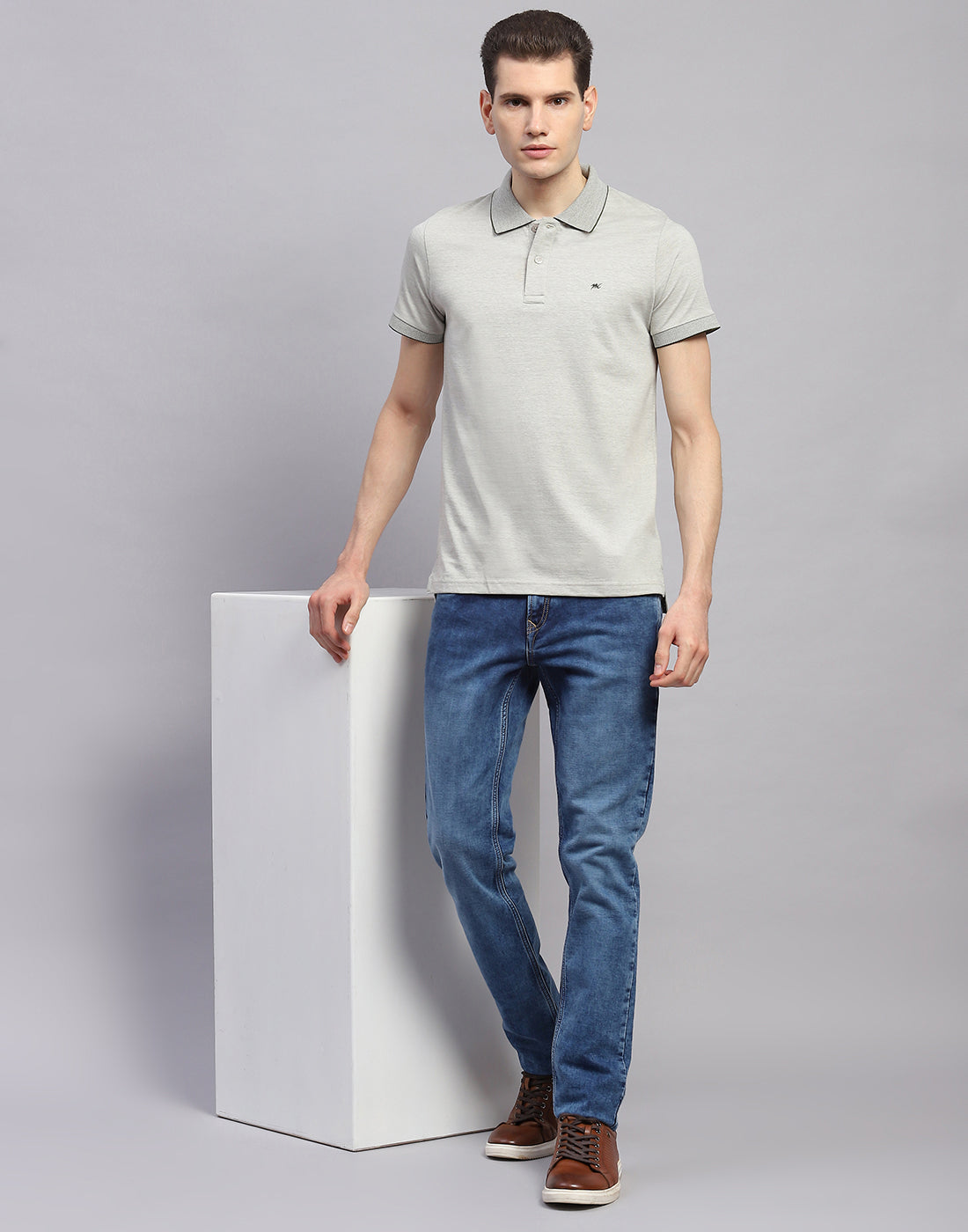 Men Grey Solid Polo Collar Half Sleeve T-Shirt