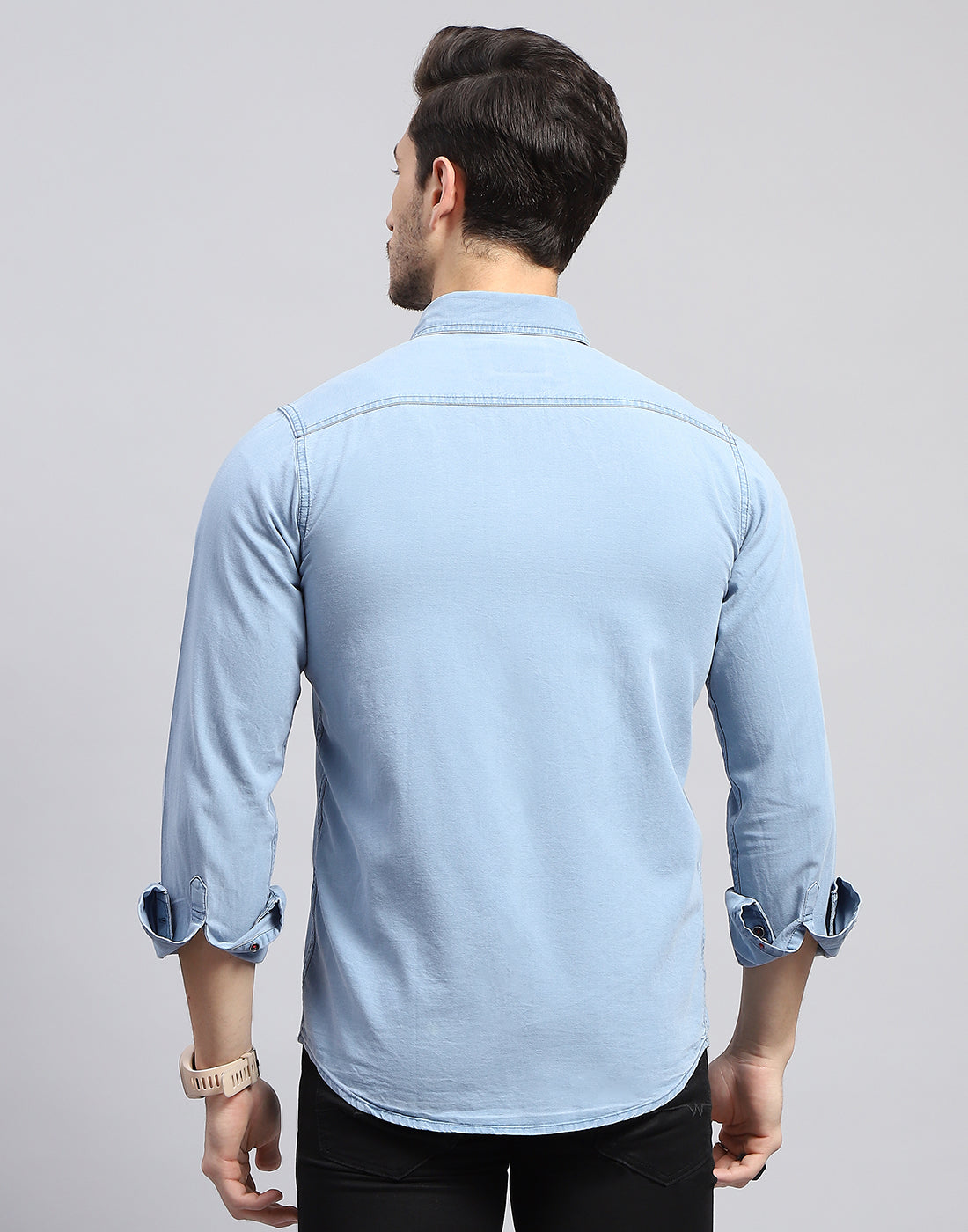 Men Sky Blue Solid Collar Full Sleeve Shirt