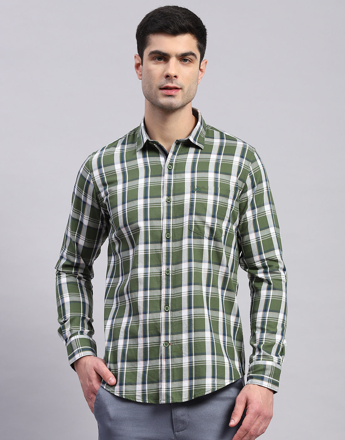 Men Olive Check Collar Full Sleeve Shirt