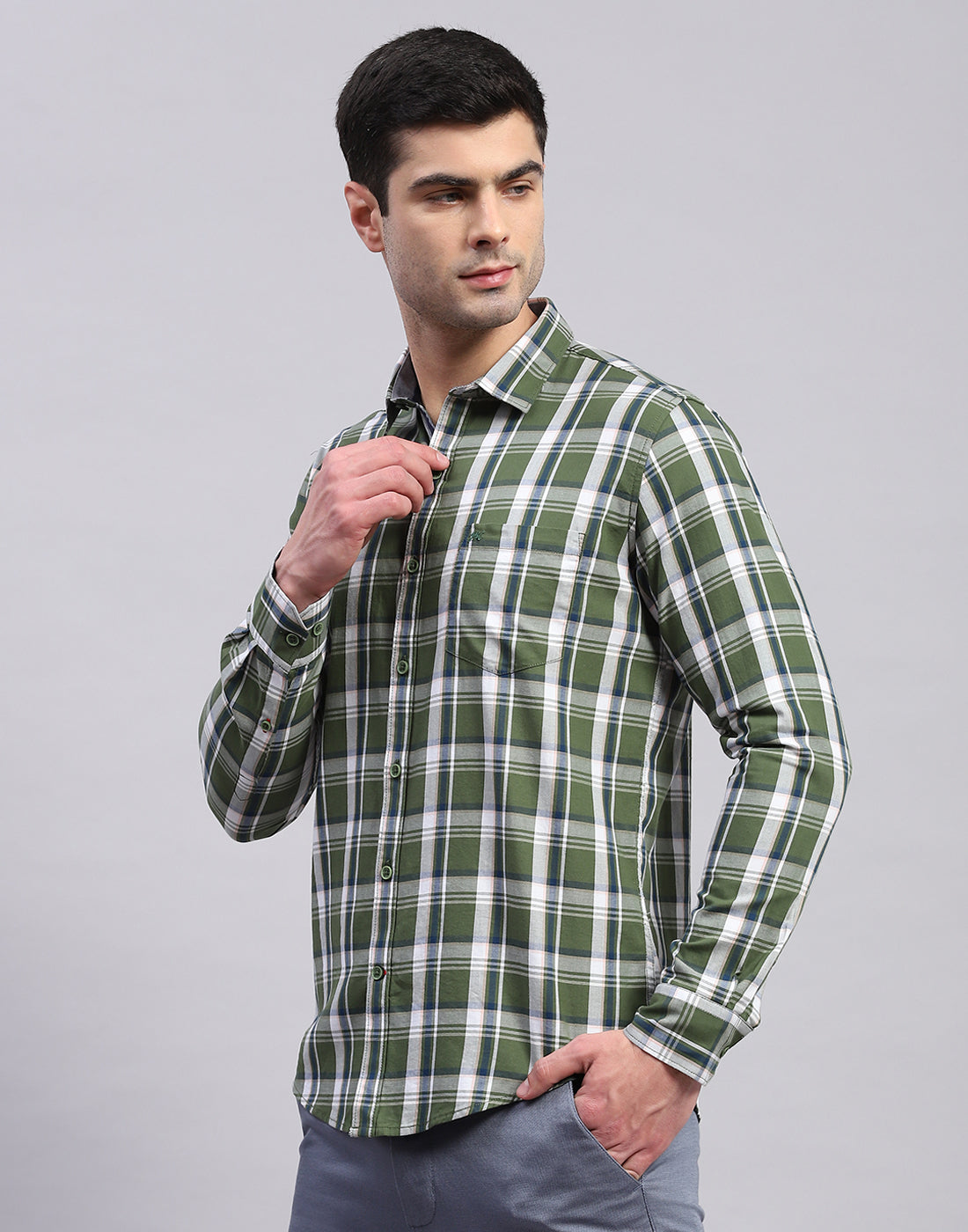 Men Olive Check Collar Full Sleeve Shirt