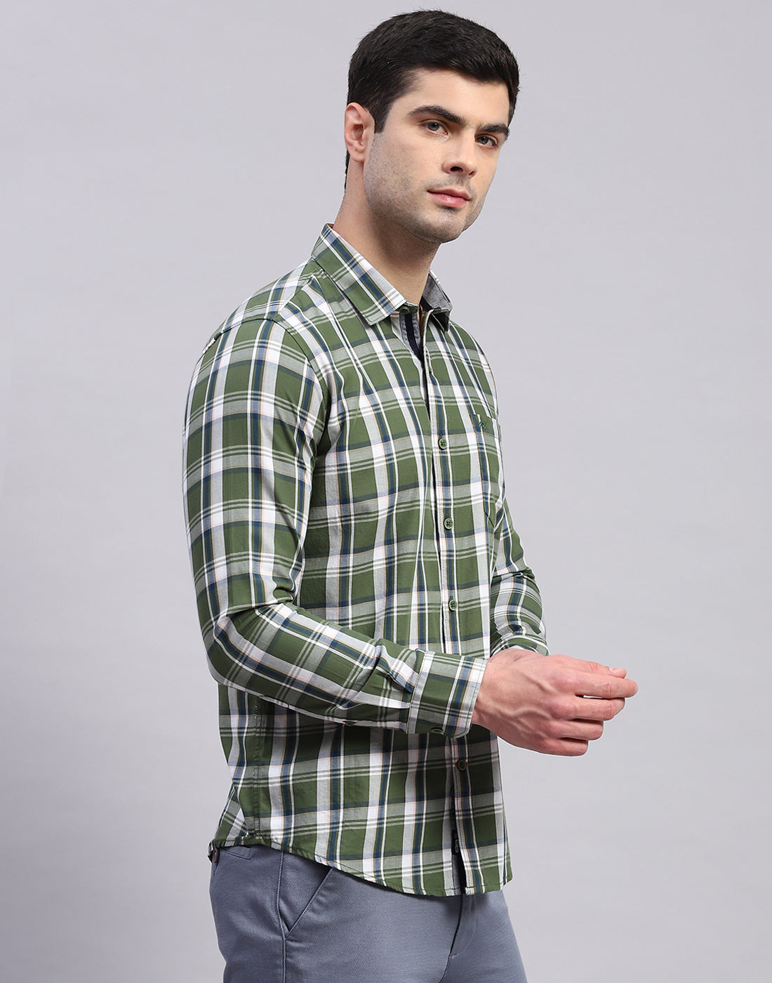 Men Olive Check Collar Full Sleeve Shirt