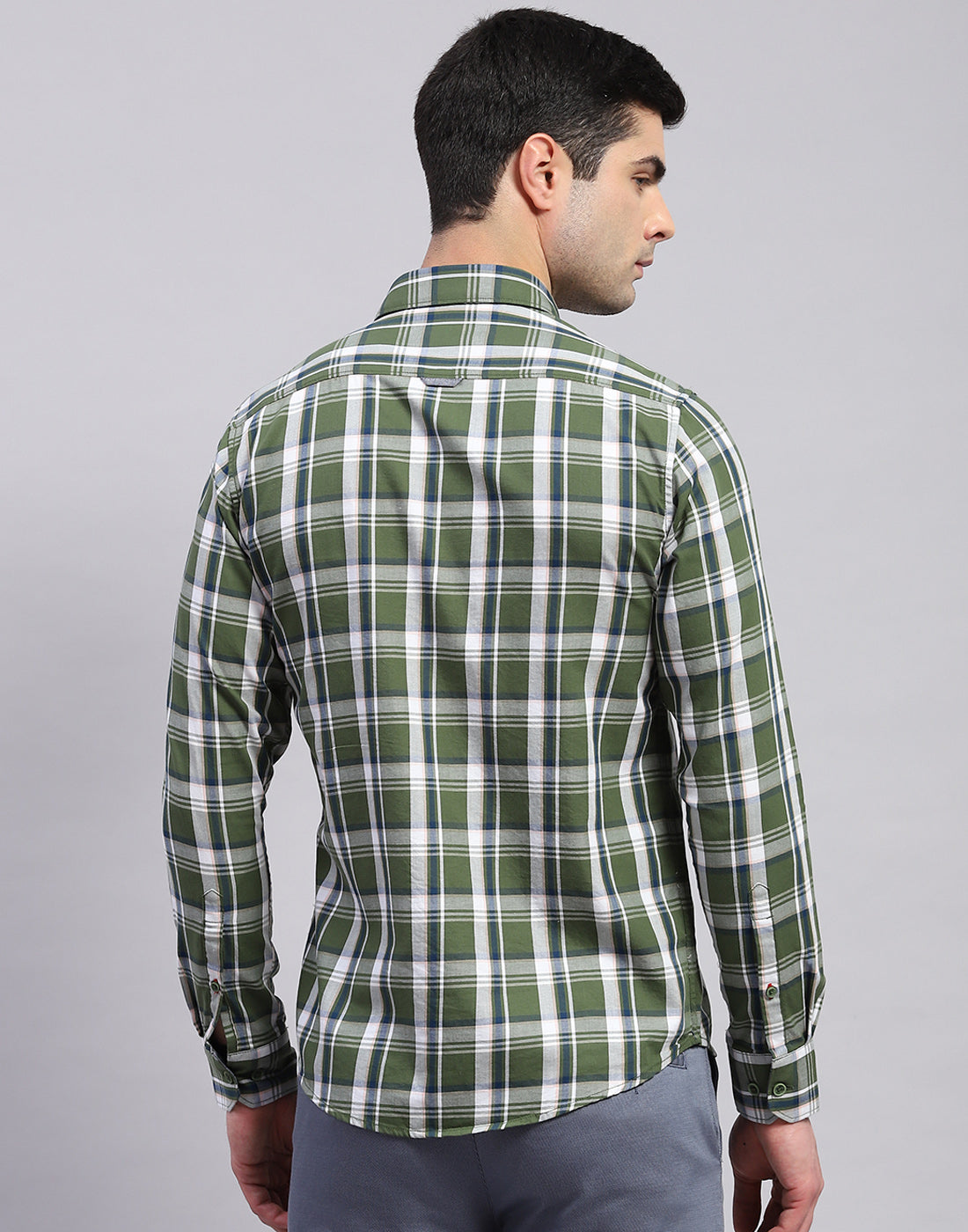 Men Olive Check Collar Full Sleeve Shirt