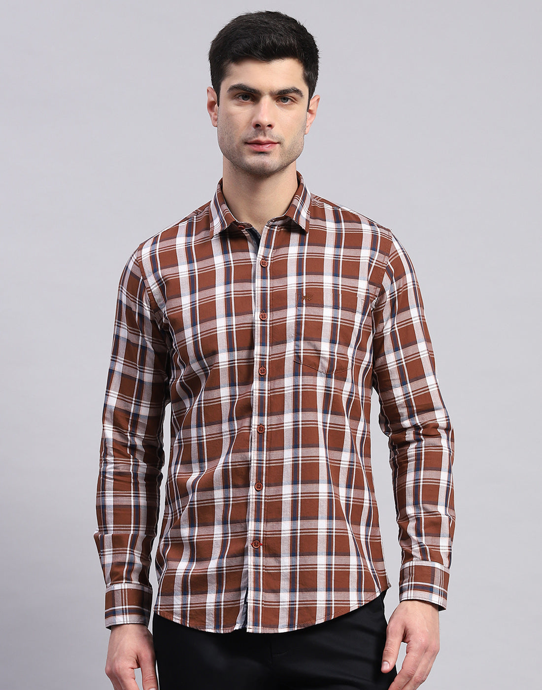 Men Brown Check Collar Full Sleeve Shirt