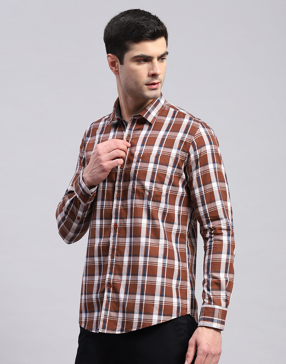 Men Brown Check Collar Full Sleeve Shirt