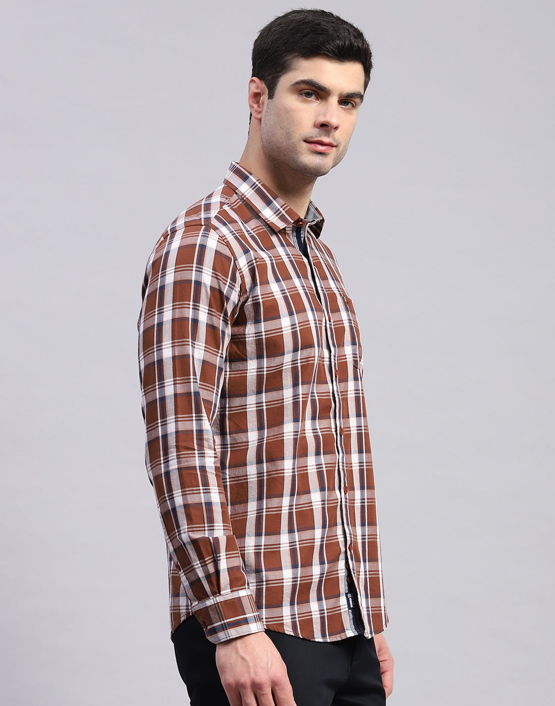 Men Brown Check Collar Full Sleeve Shirt