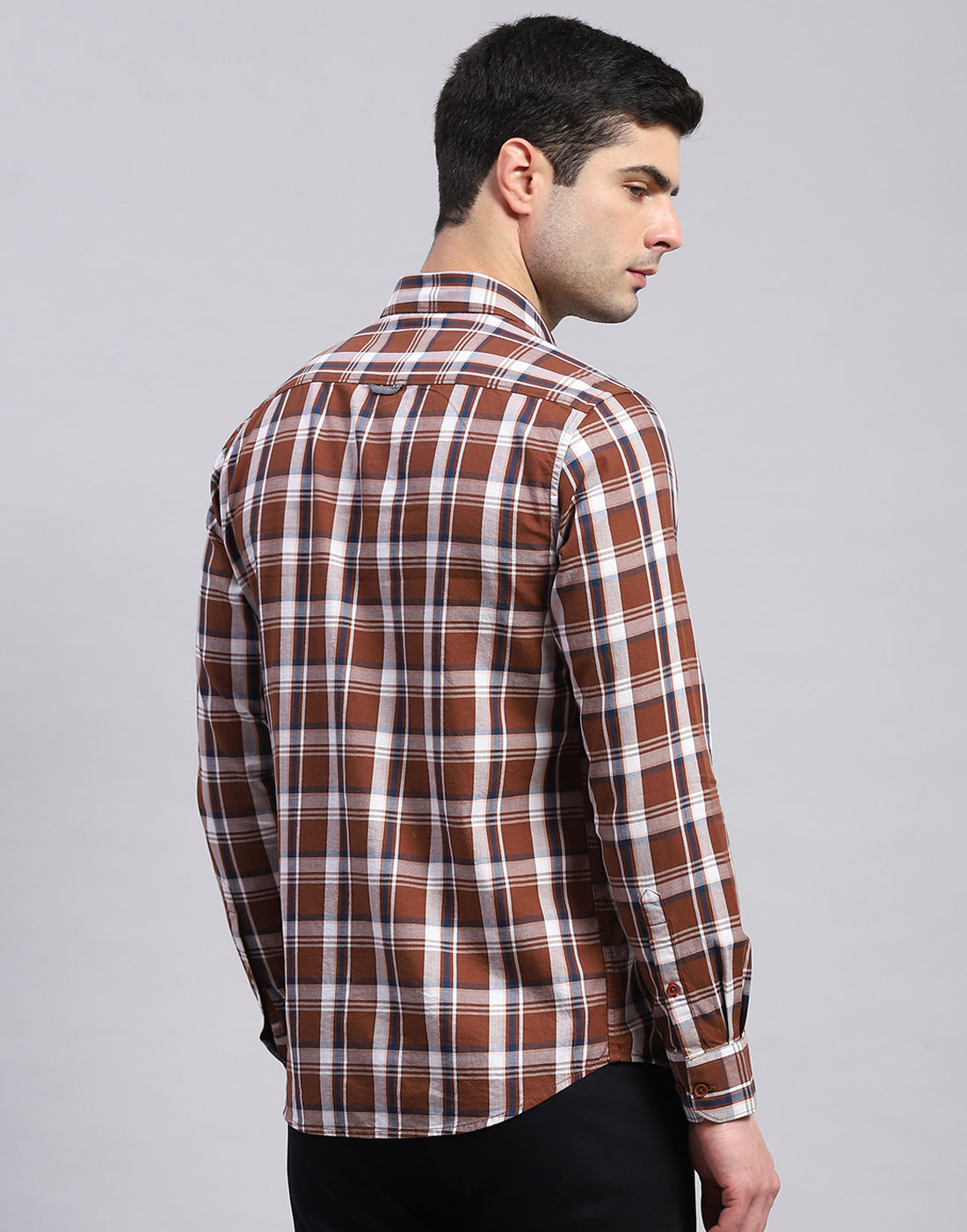 Men Brown Check Collar Full Sleeve Shirt