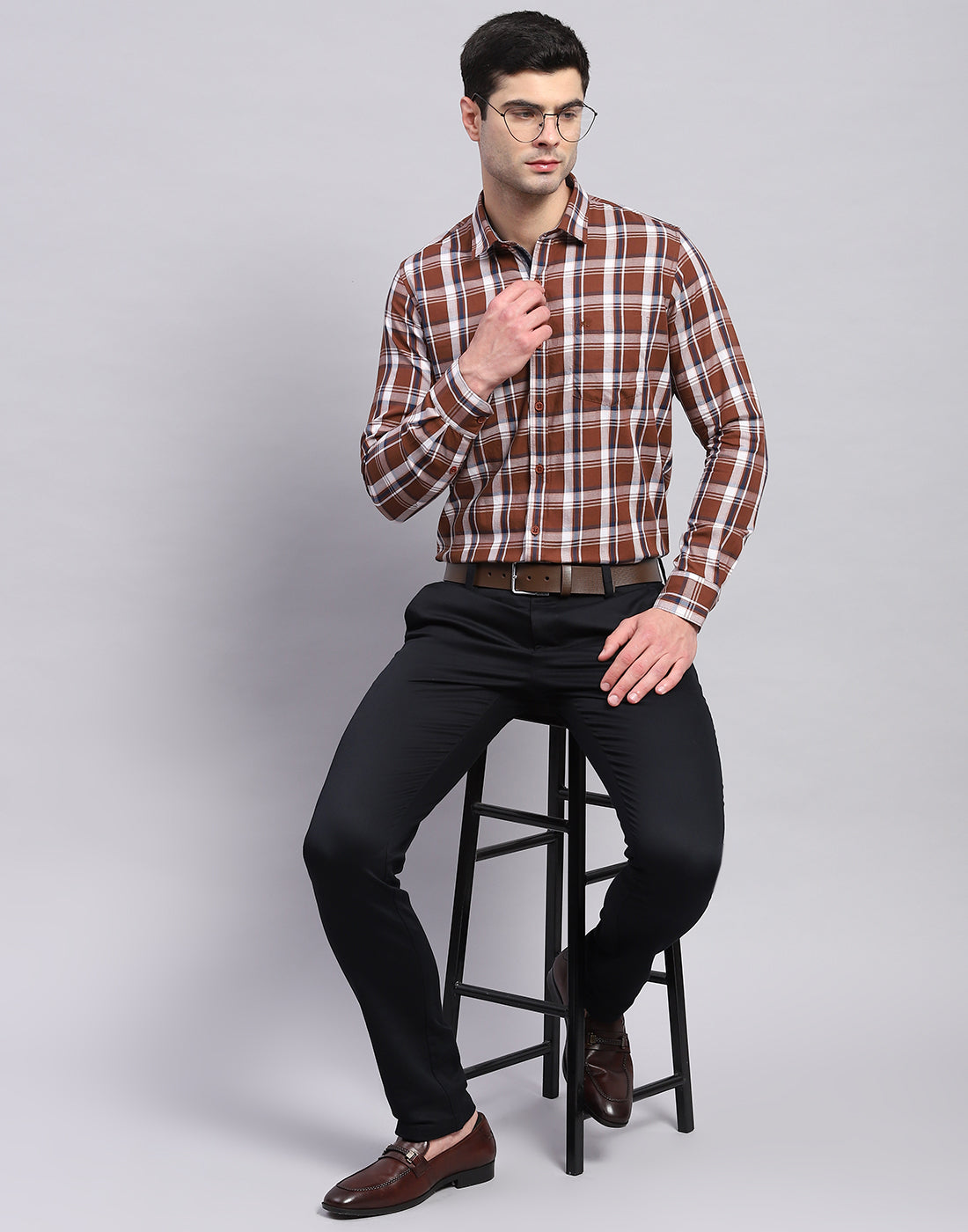 Men Brown Check Collar Full Sleeve Shirt