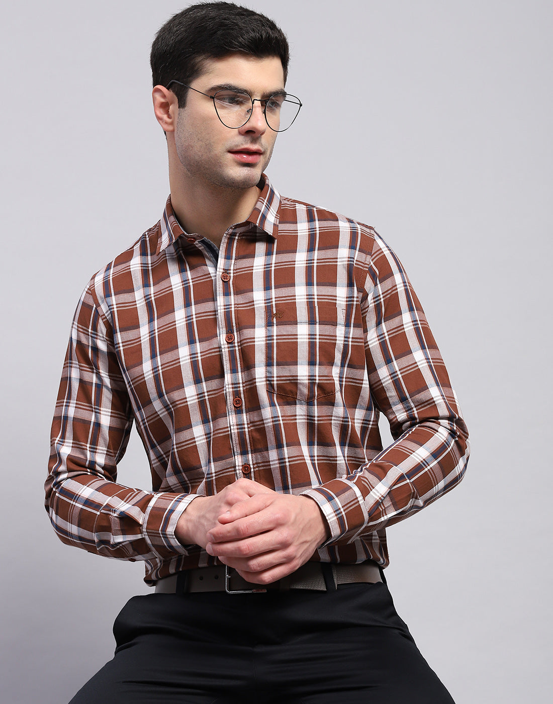 Men Brown Check Collar Full Sleeve Shirt