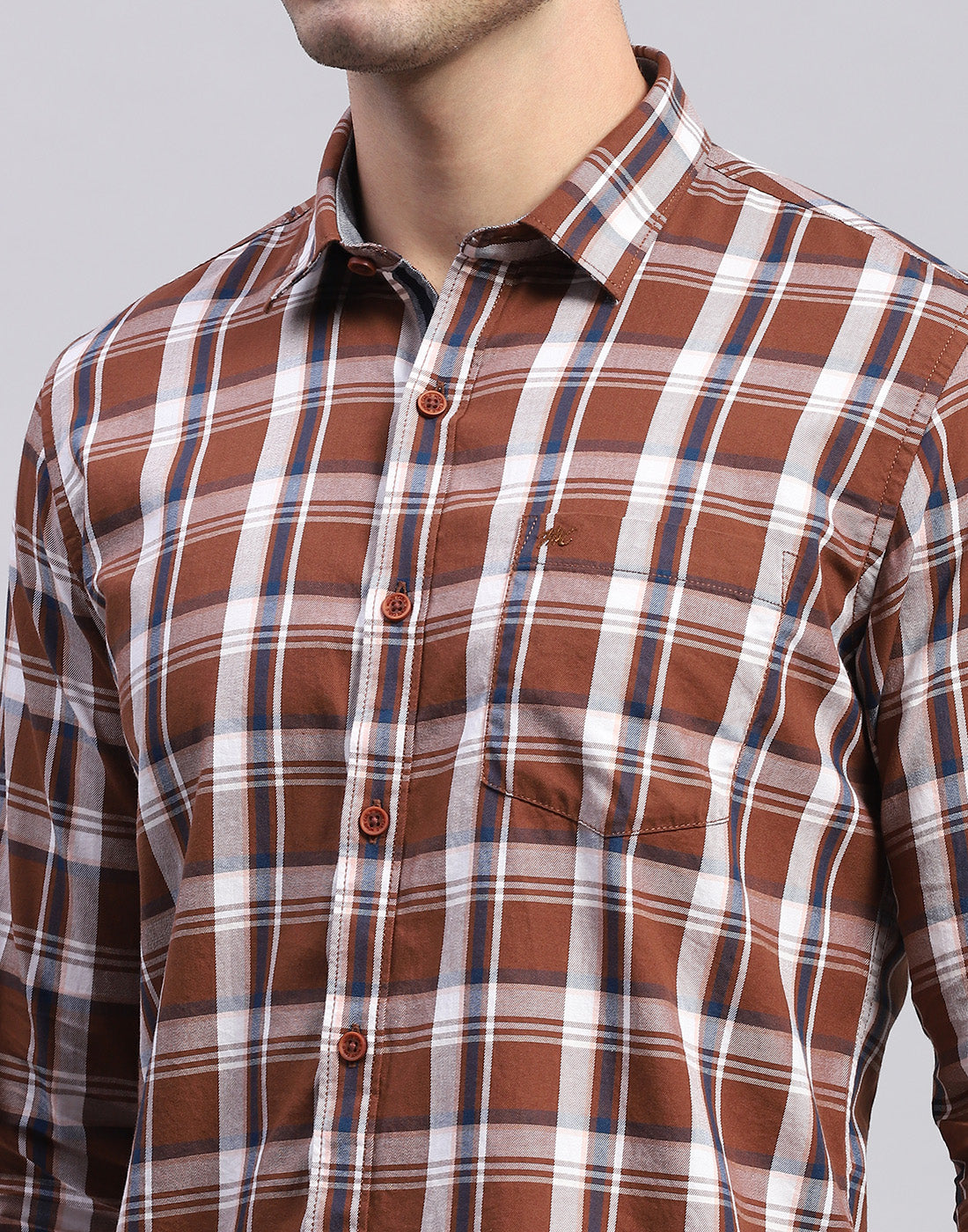 Men Brown Check Collar Full Sleeve Shirt