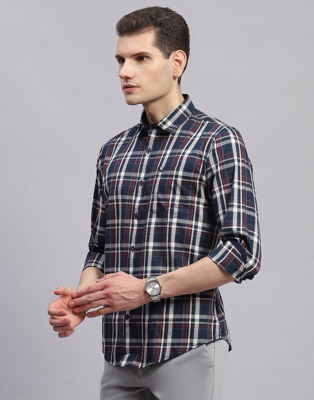 Men Navy Blue Check Collar Full Sleeve Shirt