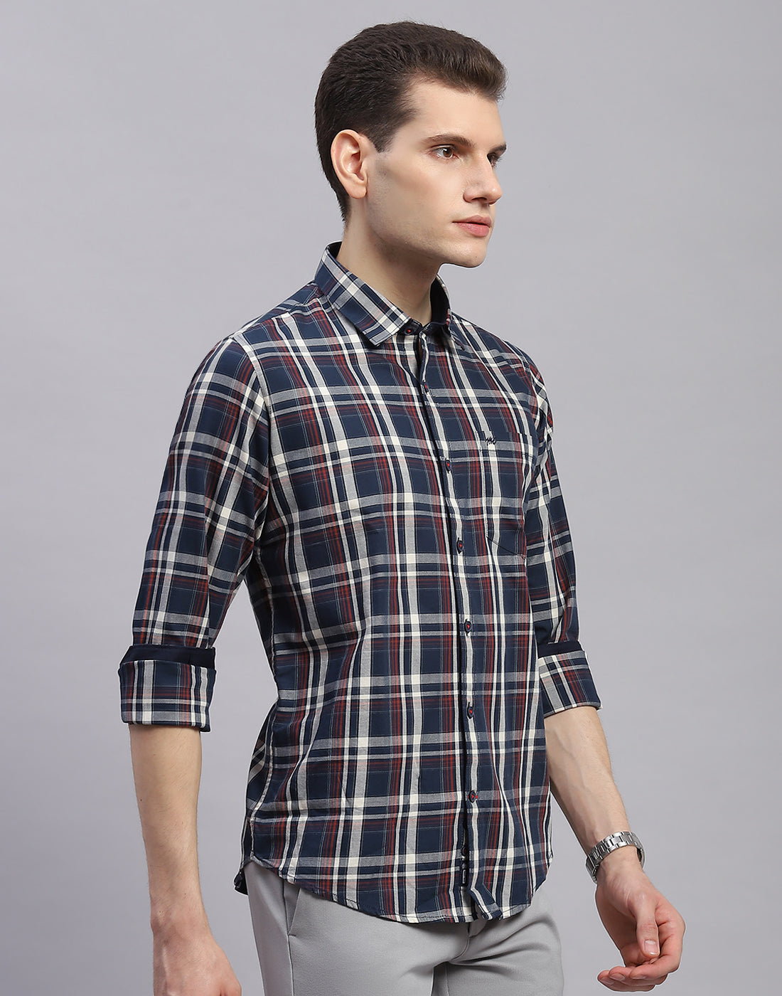 Men Navy Blue Check Collar Full Sleeve Shirt