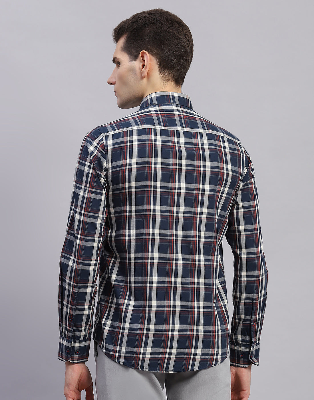 Men Navy Blue Check Collar Full Sleeve Shirt