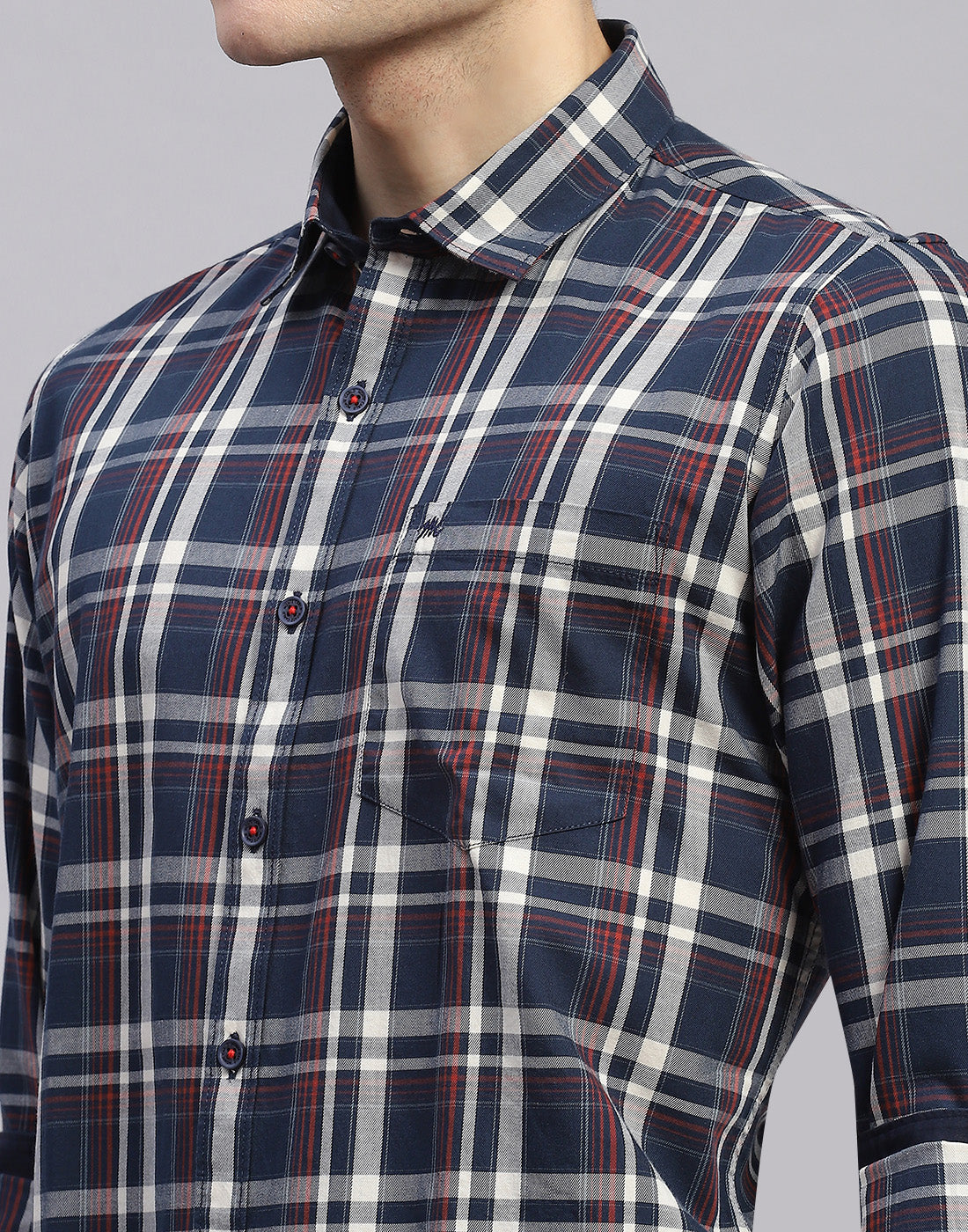 Men Navy Blue Check Collar Full Sleeve Shirt