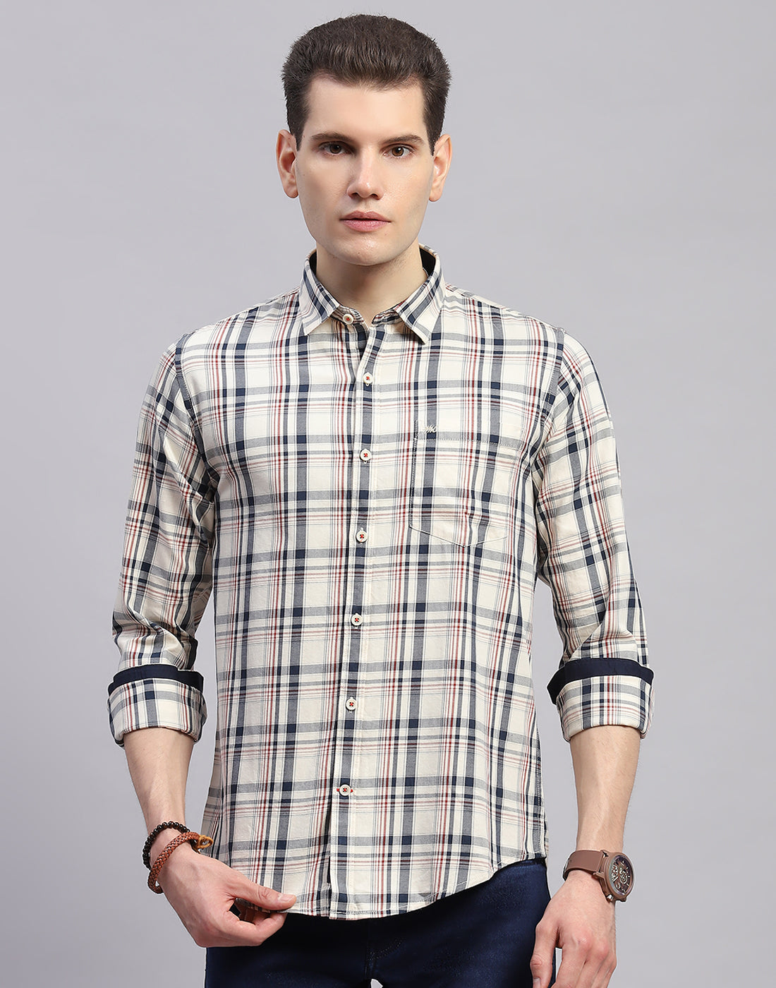 Men Off White Check Collar Full Sleeve Shirt