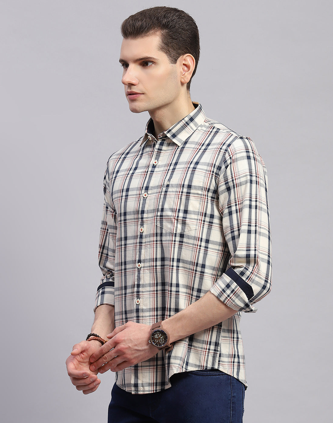 Men Off White Check Collar Full Sleeve Shirt