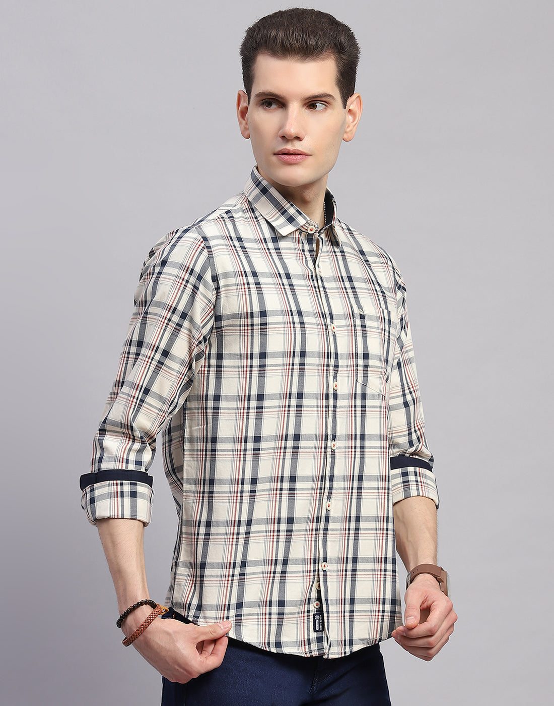 Men Off White Check Collar Full Sleeve Shirt