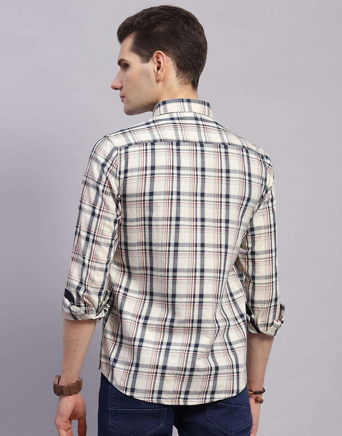 Men Off White Check Collar Full Sleeve Shirt