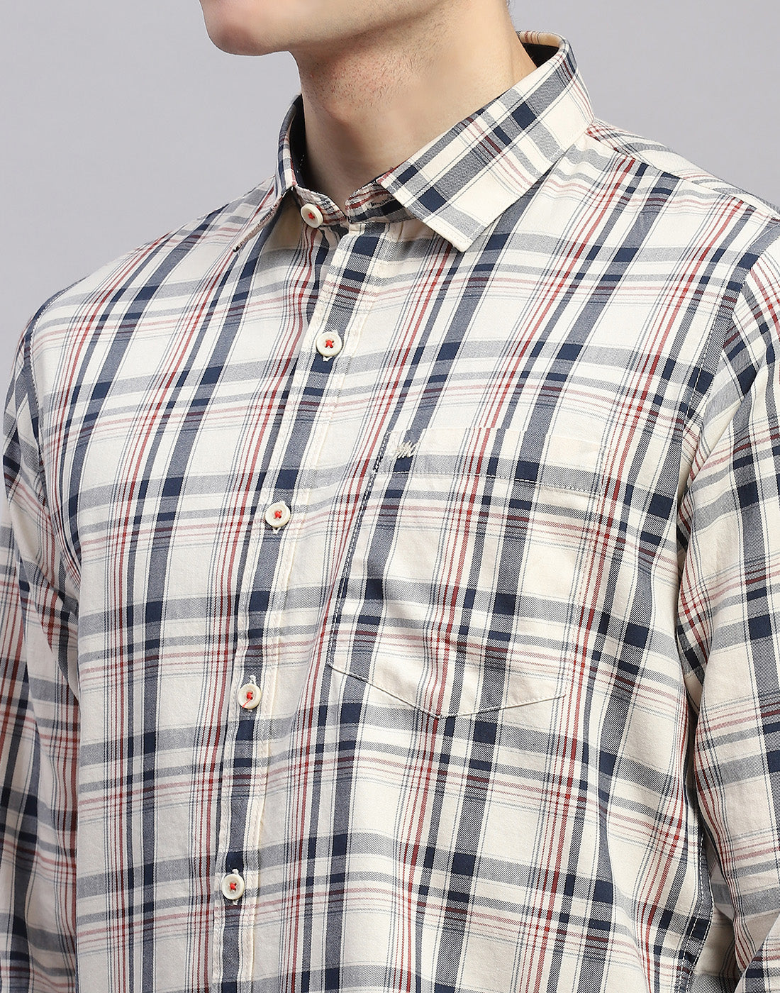 Men Off White Check Collar Full Sleeve Shirt