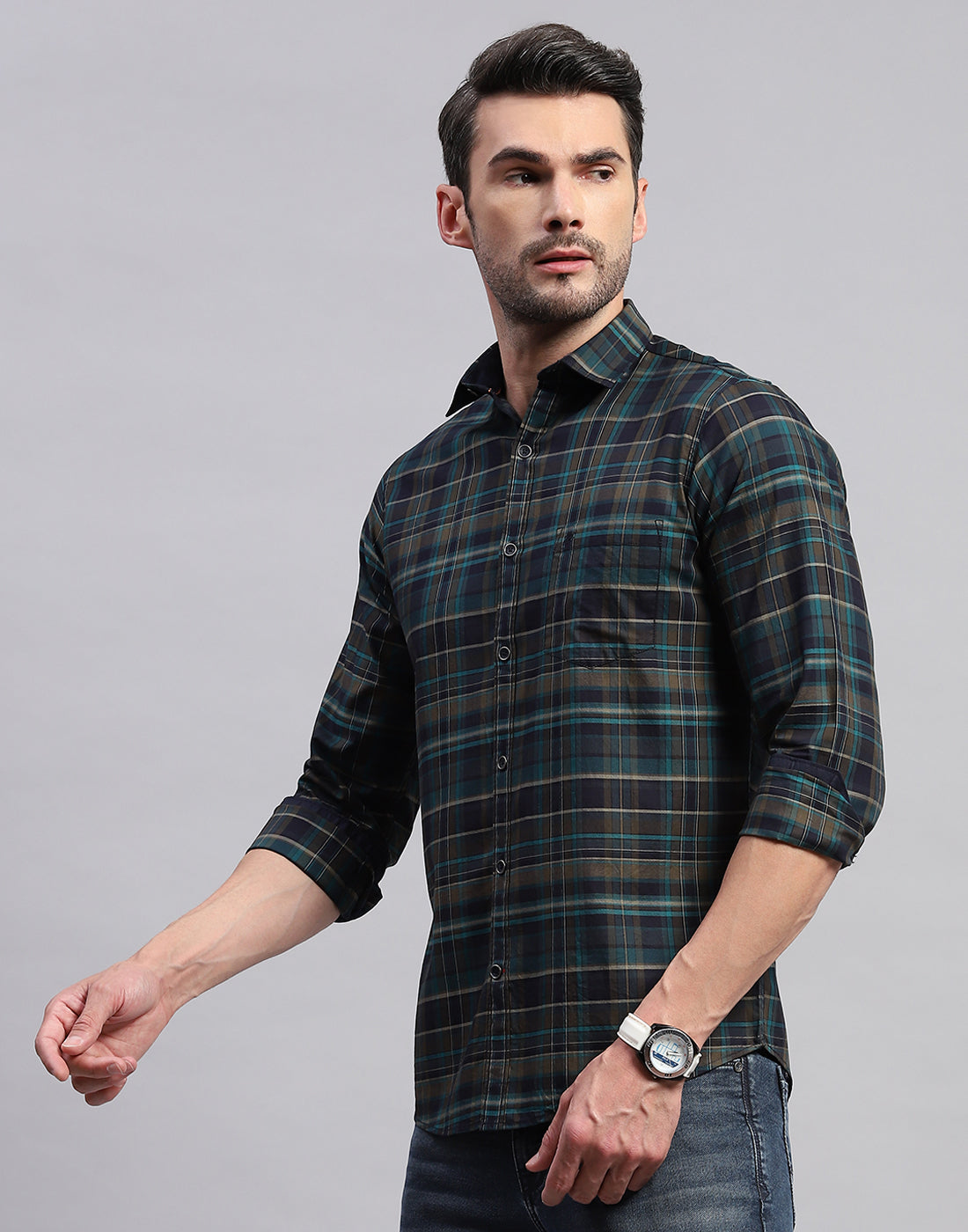 Men Green Check Collar Neck Full Sleeve Shirt