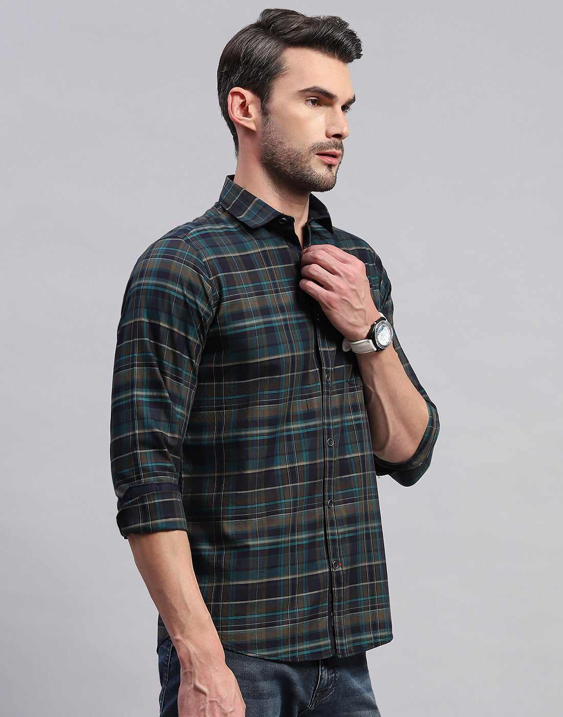 Men Green Check Collar Neck Full Sleeve Shirt