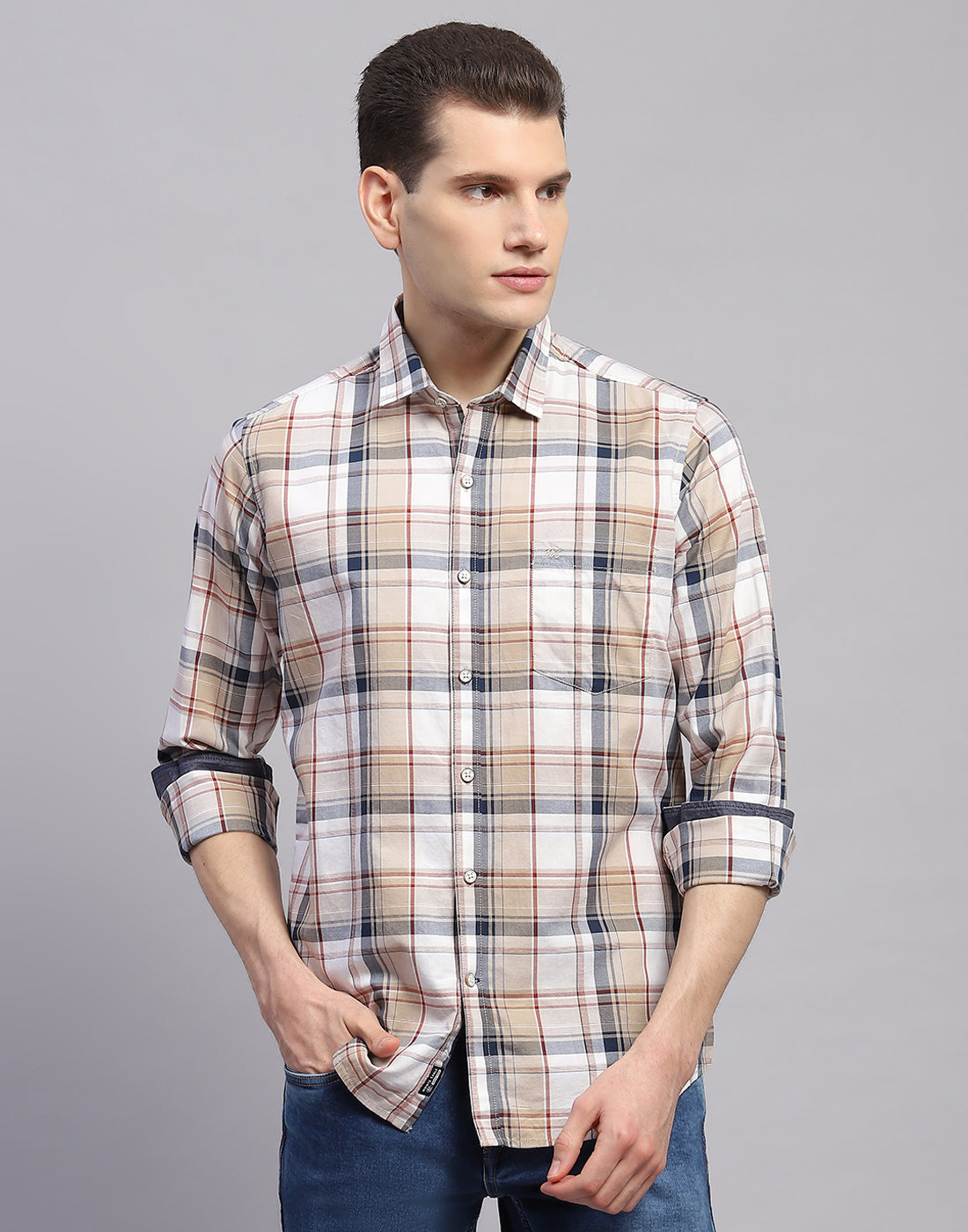 Men Brown Check Collar Full Sleeve Shirt