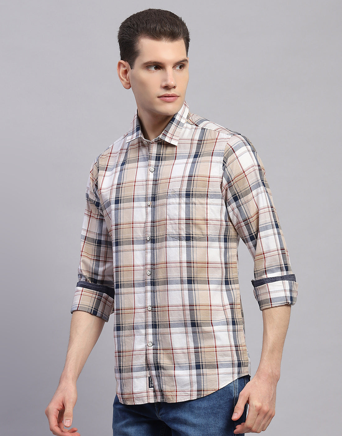 Men Brown Check Collar Full Sleeve Shirt