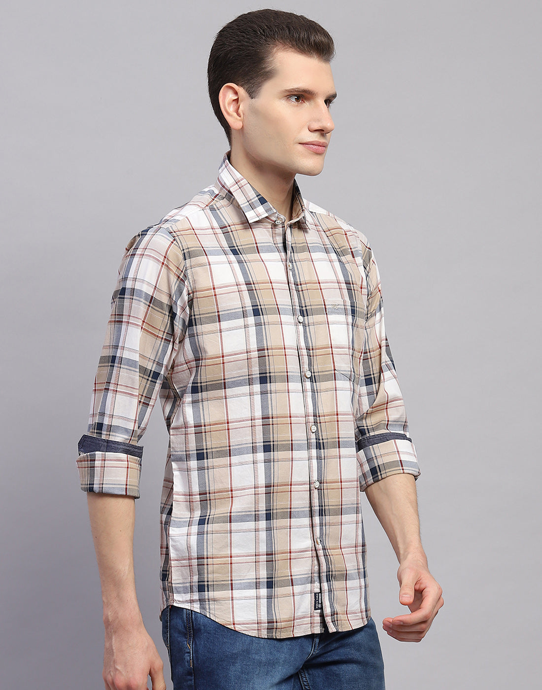 Men Brown Check Collar Full Sleeve Shirt