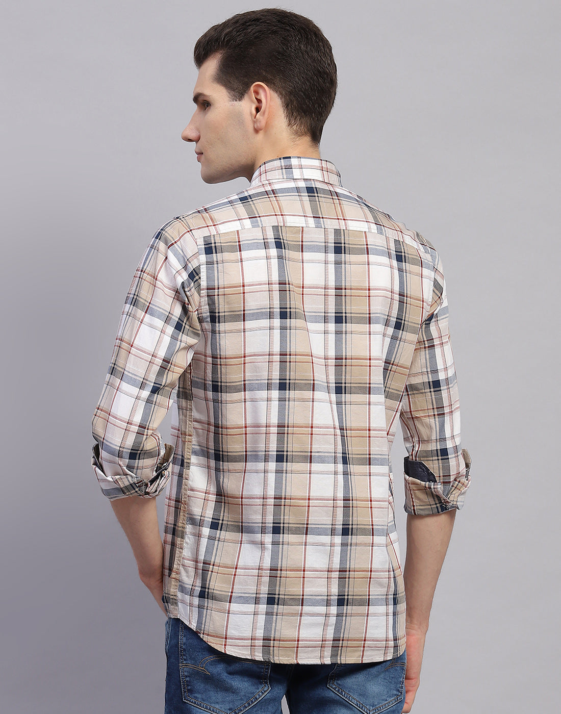 Men Brown Check Collar Full Sleeve Shirt