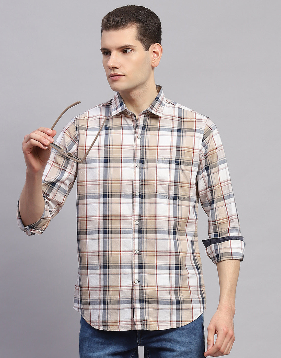 Men Brown Check Collar Full Sleeve Shirt